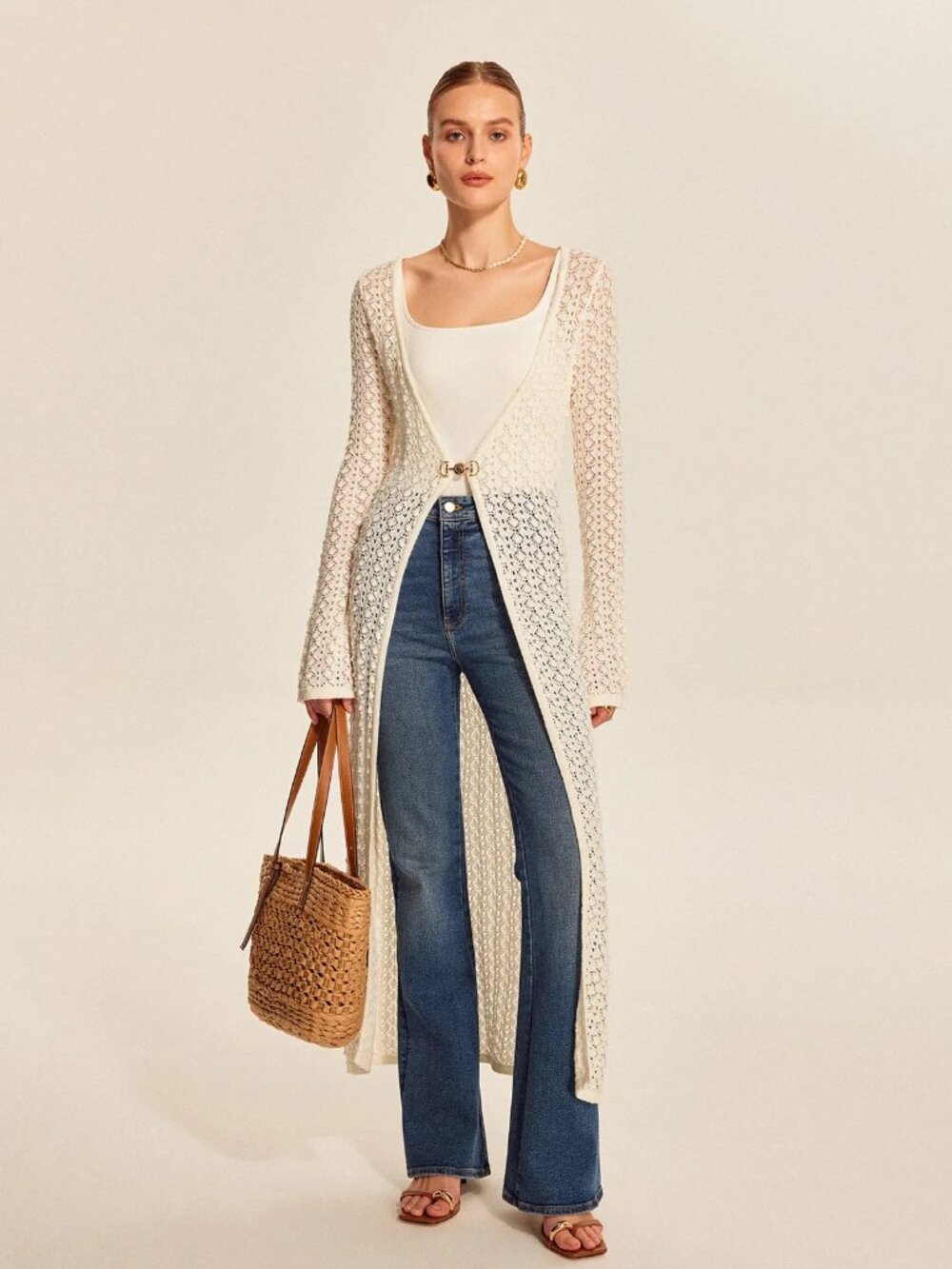 COMMENSE NWOT Lace Knit Cotton Blend Metal Detail Longline Cardigan Size L Ivory